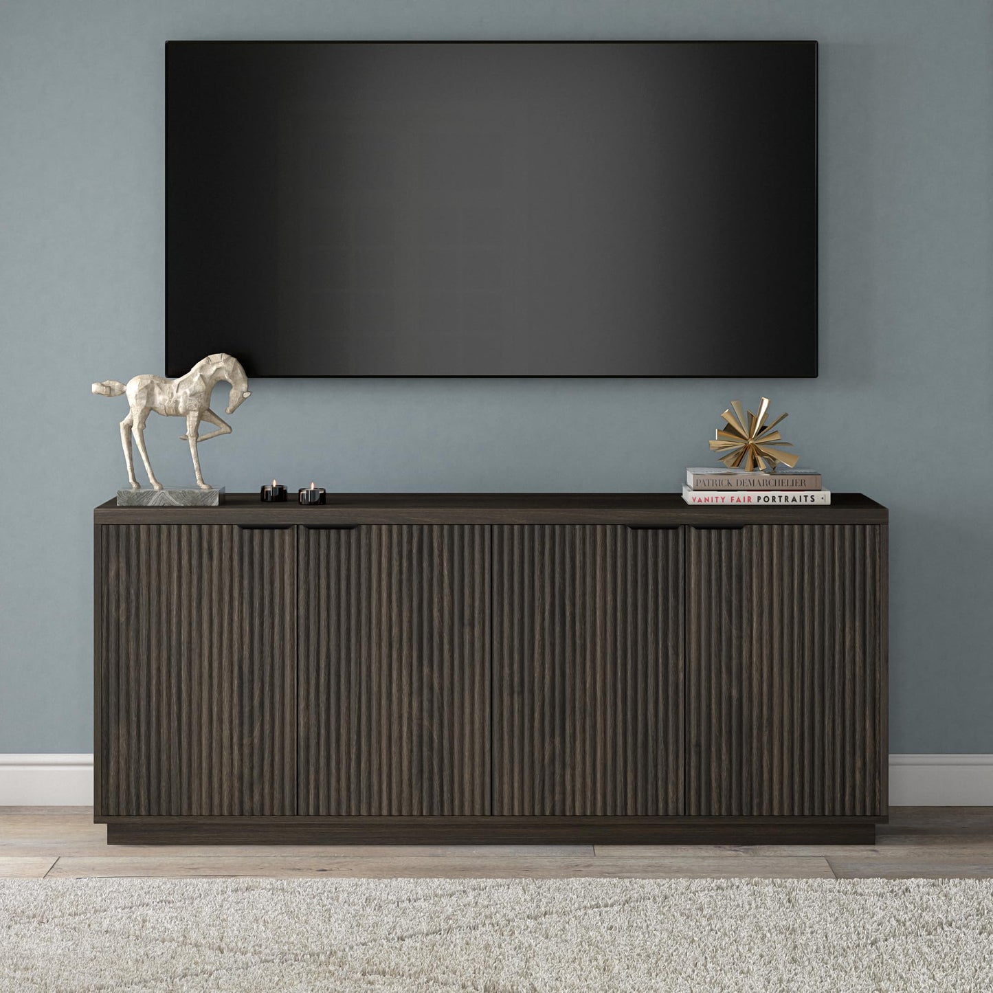 Henn&Hart 68" Fluted Sideboard Buffet Cabinet, Ribbed Wooden Credenza with 4 Doors, Adjustable Shelves, and Cable Management Cut-Outs for Dining Room, Kitchen, Living Room or Entryway, Rich Brown