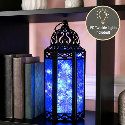 Vela Lanterns Decorative Indoor Moroccan Candle Holder & LED Fairy Lights -Twinkle Turkish Lamp, Fantasy Home Decor Table Centerpieces, Hanging Outdoor Patio Porch Wedding Ramadan (10.5", Cobalt)