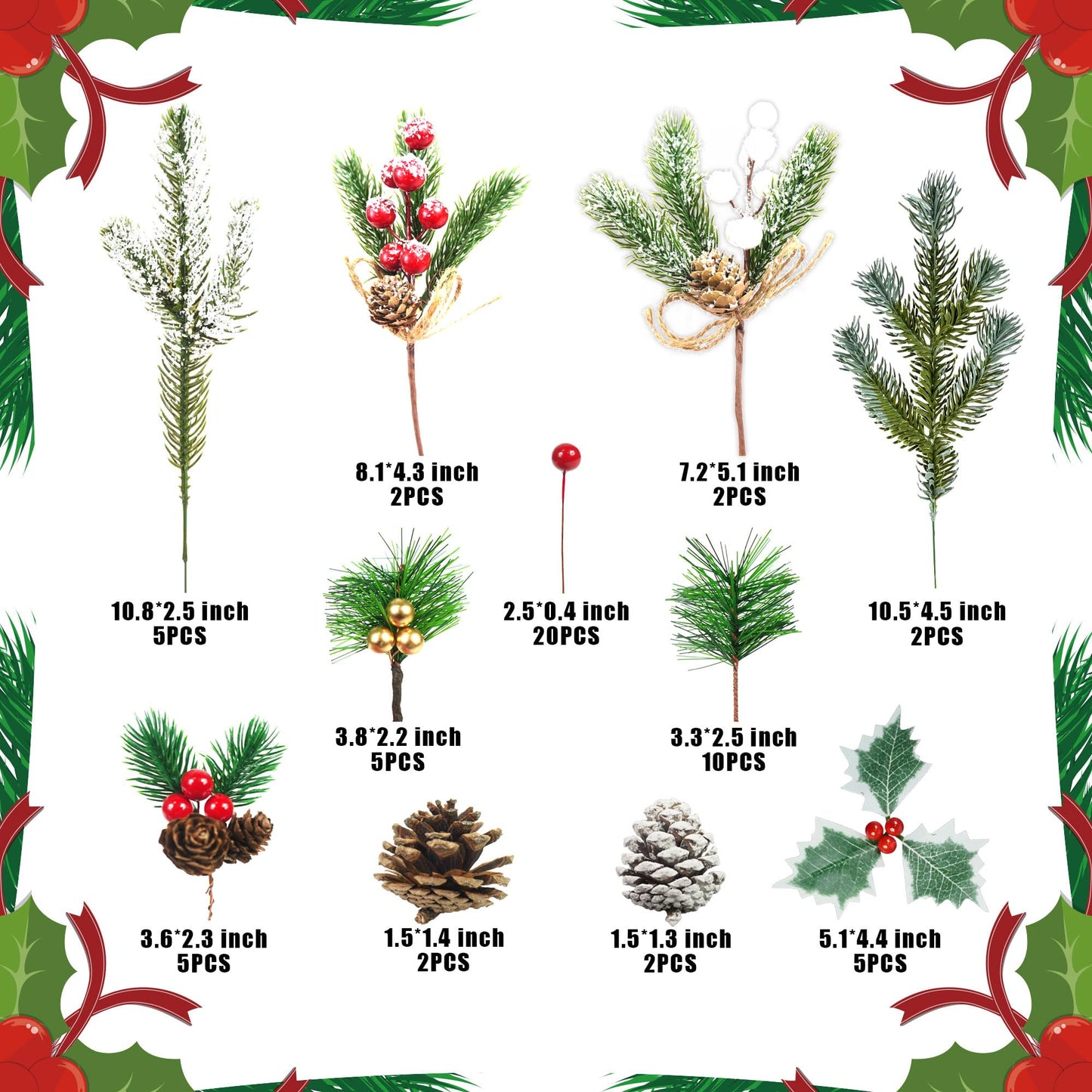 60 Pcs Artificial Green Pine Needles Branches Set Christmas Artificial Holly Red Berry Pinecones with for Christmas Tree House Decorations Christmas Flower Arrangements Wreaths Holiday Supplies (01)