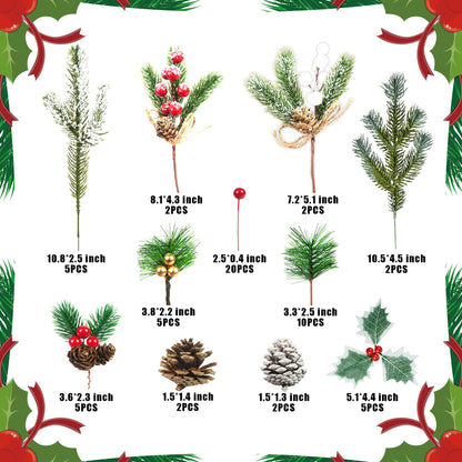 60 Pcs Artificial Green Pine Needles Branches Set Christmas Artificial Holly Red Berry Pinecones with for Christmas Tree House Decorations Christmas Flower Arrangements Wreaths Holiday Supplies (01)