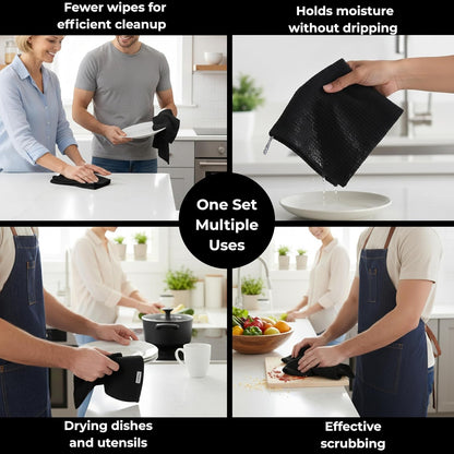 13"x13" Set 12 Kitchen Dish Cloths for Washing Dishes - Waffle Weave Cotton Dish Rag Towel - of Black Kitchen Washcloth