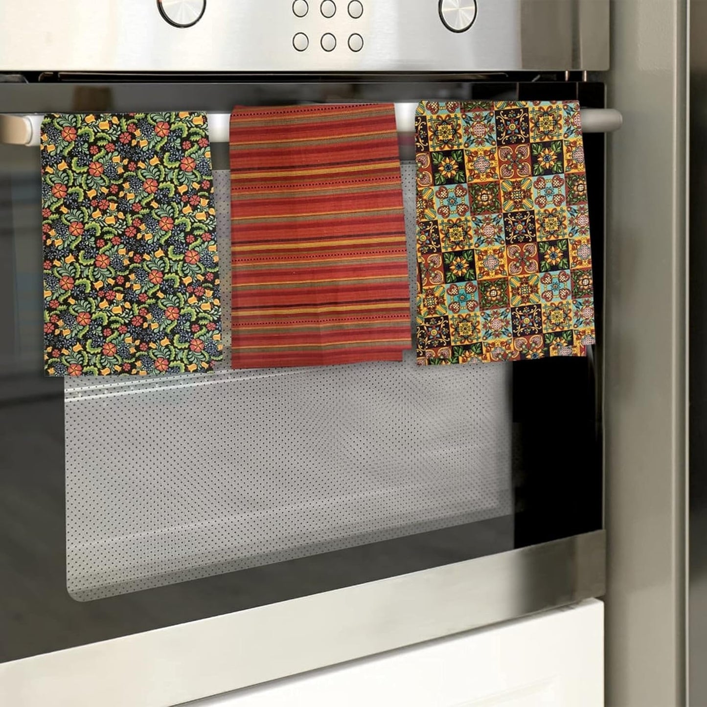 Kitchen Dish Towels, 100% Natural Cotton Mexican Fiesta Talavera Floral Prints, Set of 3 Multi-Color Dishcloths