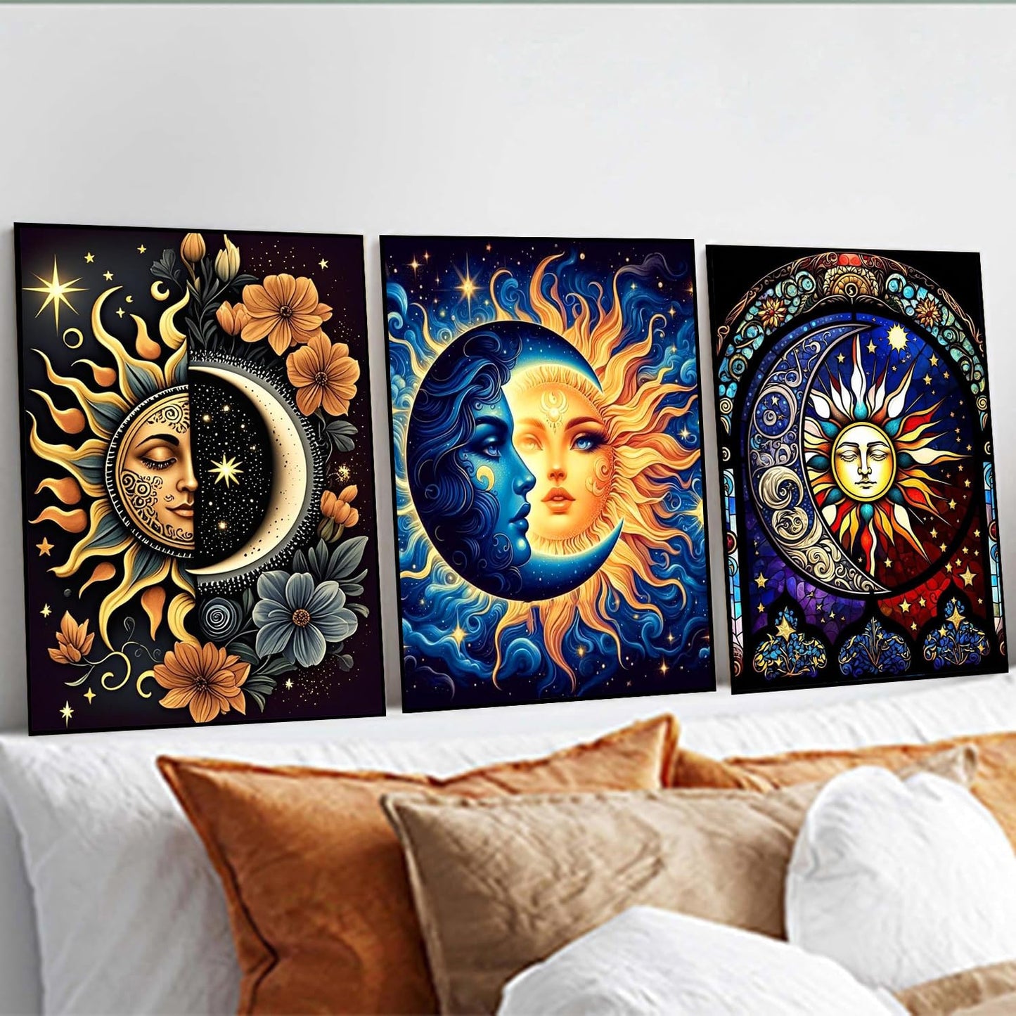 DIPQYART 3 Pack Diamond Art Kits for Adults, Sun and Moon Diamond Painting Kits for Adults, 5D DIY Round Drill Gem Art Paint with Diamonds Dots Crafts Kits for Home Decor Gift 12x16inch