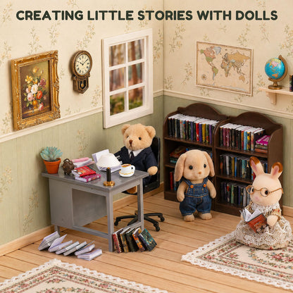 1:12 Scale Mini Desk Set with 100 Mini Books & 2 Bookshelves — Miniature Dollhouse Furniture Set with Office Chair, Computer & 15+ Accessories — Mini Desk Accessories for Doll House Diorama