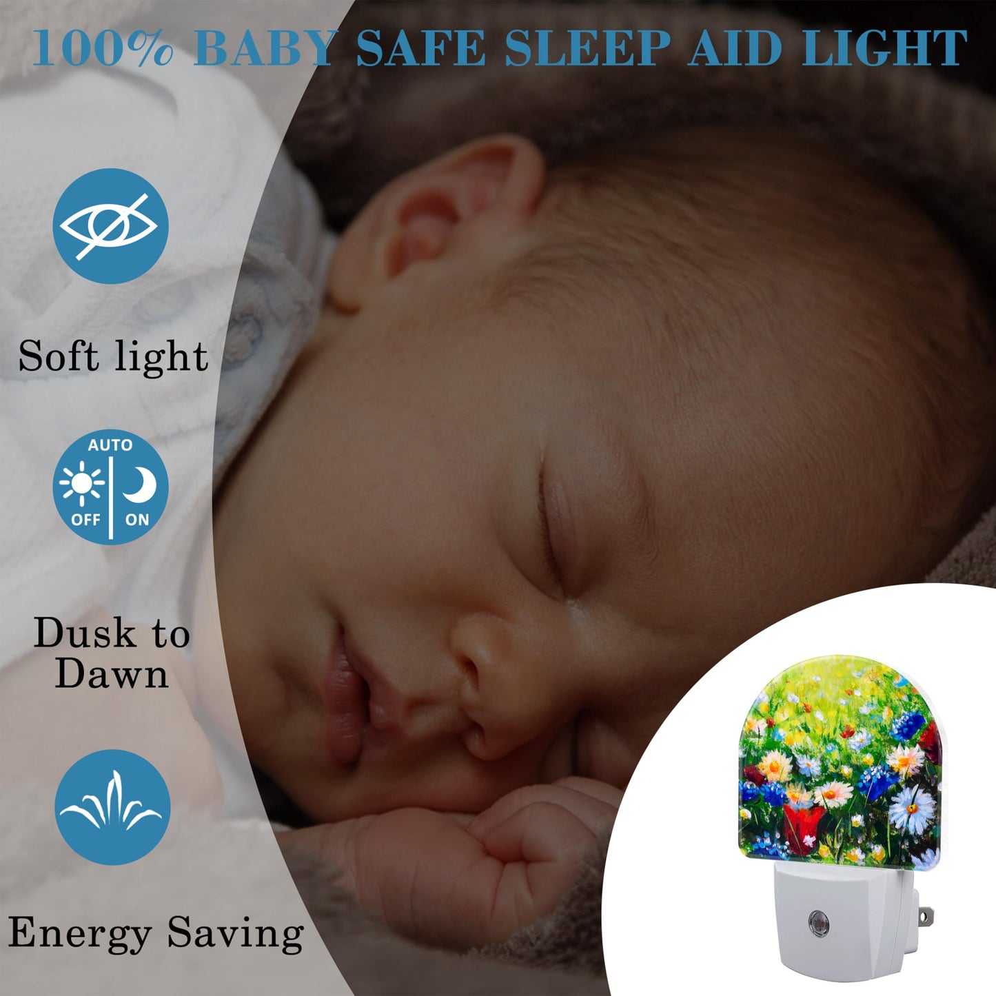 Uiaoiais Field Flowers Oil Painting Night Light Plug into Wall with Dusk to Dawn Sensor Cute Nightlight for Kid Girls Boys Women Men Room Decor, Hallway, Kitchen, Bathroom, Nursery, Stairs