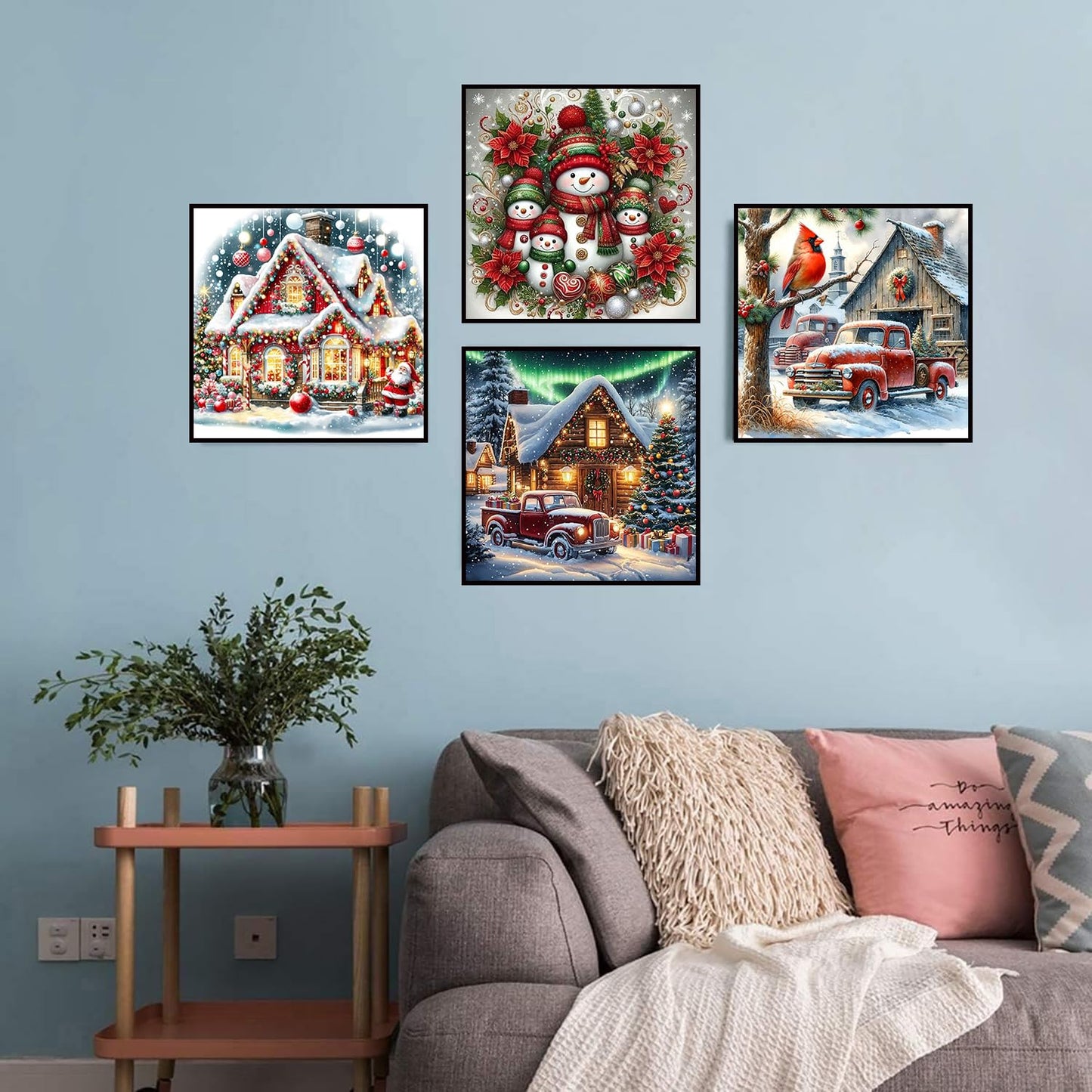 croshom Christmas Diamond Art Kits for Adults - 4 Pack Diamond Painting Kits for Adults, 5D Full Round Drill Art Paint by Diamonds DIY Crafts Kits 14x14in (Snowman Truck Christmas House Cardinal)