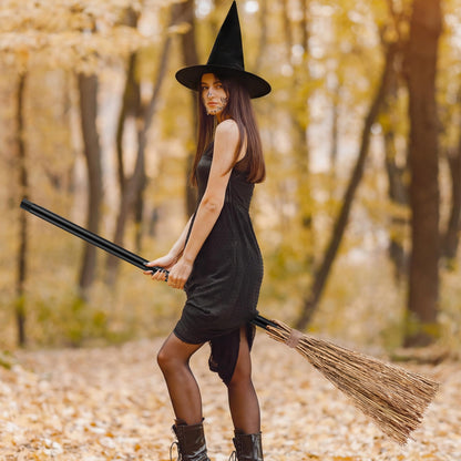 ADXCO 12 Pieces Halloween Costume Accessories Set with 6 Halloween Retractable Witch Broom and 6 Cosplay Witch Hats Decorations Straw Bamboo Witch Broomstick Plastic Broom Props for Party Decoration