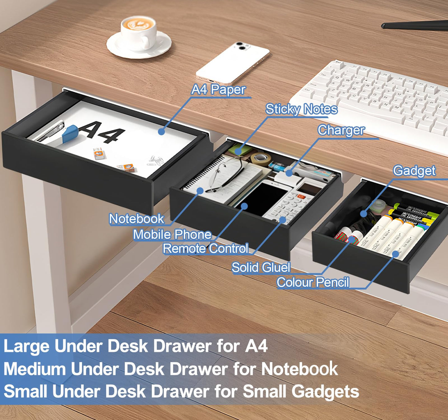 SVNNELP Under Desk Table Drawer Storage Organizer,3 Pack Large & Medium & Small Slide Out Desk Drawers - Hidden Desktop Organizer,Adhesive Storage Pencil Tray Under Table(BLACK/LMS)
