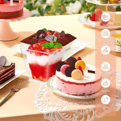 piopiocoing 50 Pack 3.5 oz Clear Plastic Square Dessert Cups with Spoons，Mini Disposable Parfait Cups for Yogurt, Ice Cream and Tasting，Serving Cups for Appetizer，Pudding，Party (3.5 oz)