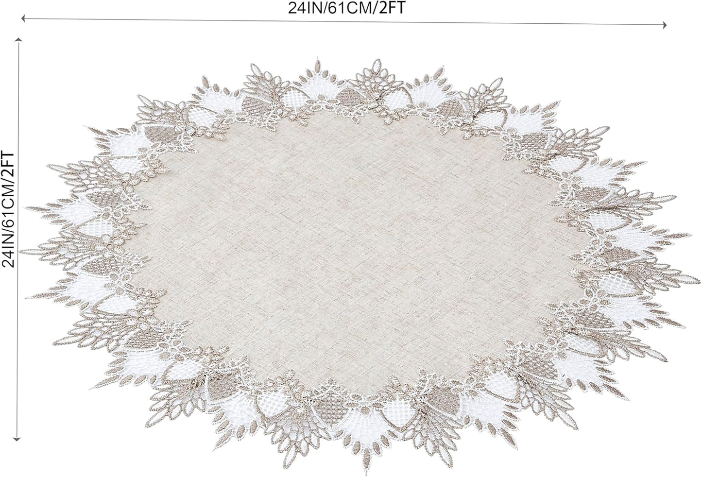 24 inches 24 Natural Linen Doily Round Neutral Earth Tones Beige Lace Coffee Table Topper Dresser Scarf Place Mats