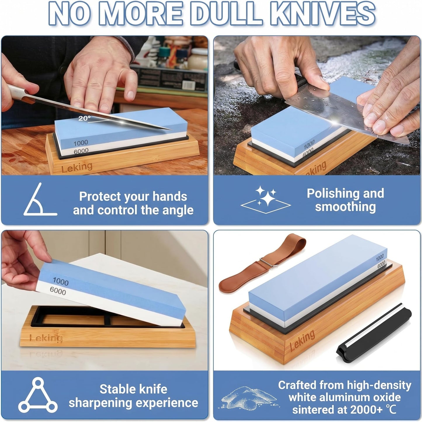 Leking Professional Knife Sharpener & Sharpening Stone Set: 1000/6000 Grit Dual-Sided Whetstone(7"x2.4"x1.2") with Bamboo Base, Non-Slip Silicone Holder, Angle Guide & Leather Strop Kit