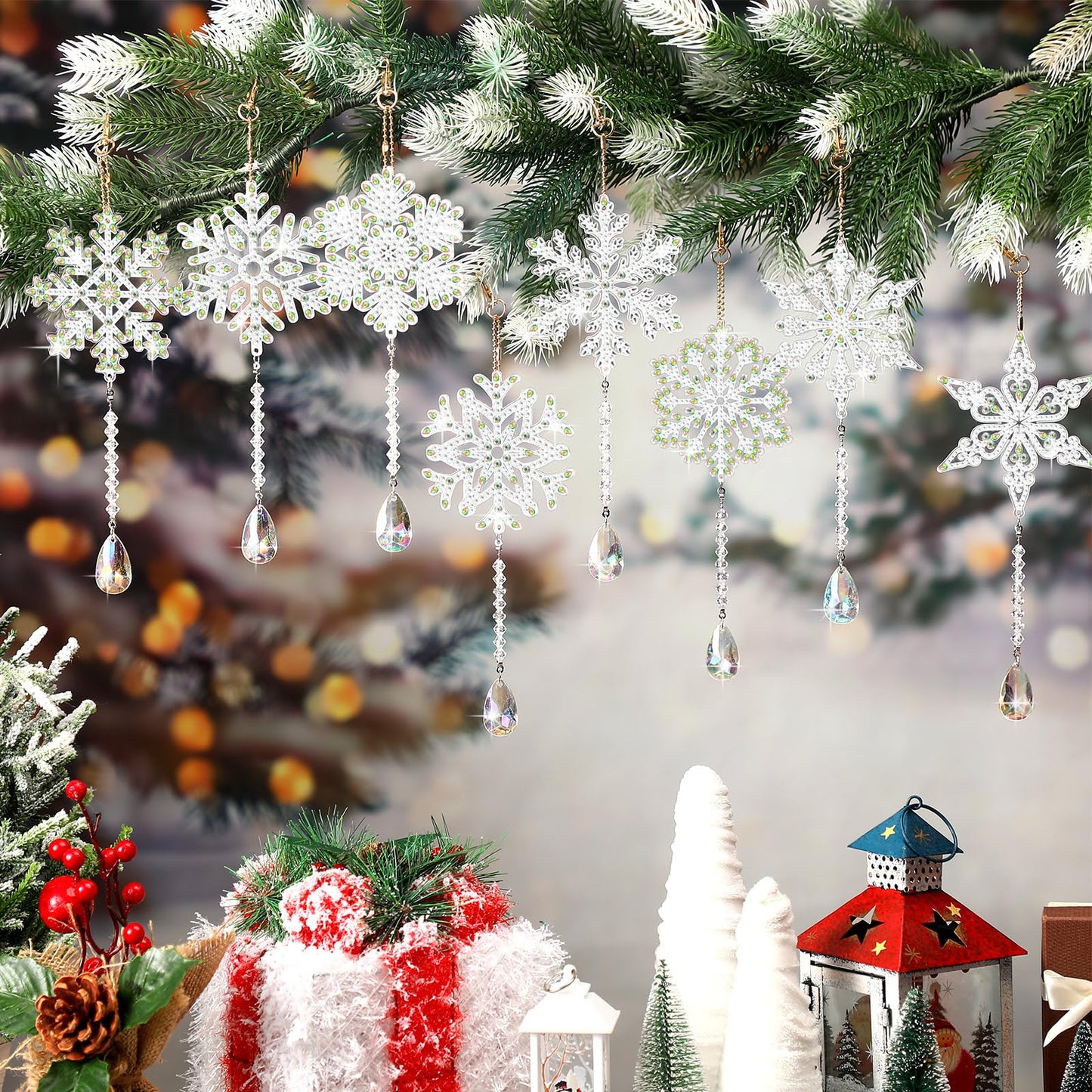 Geetery 8 Pcs Winter Diamond Art Painting Wind Chime Snowflake Diamond Art Suncatcher Kits Double Sided Art Kits with Crystal Pendant Hanging Ornament for Adults Home Decor