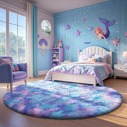 Ophanie Round Area Rug - 5Ft Tie-Dye Rainbow Purple | Fluffy Shaggy Carpet for Kids' Rooms & Nurseries