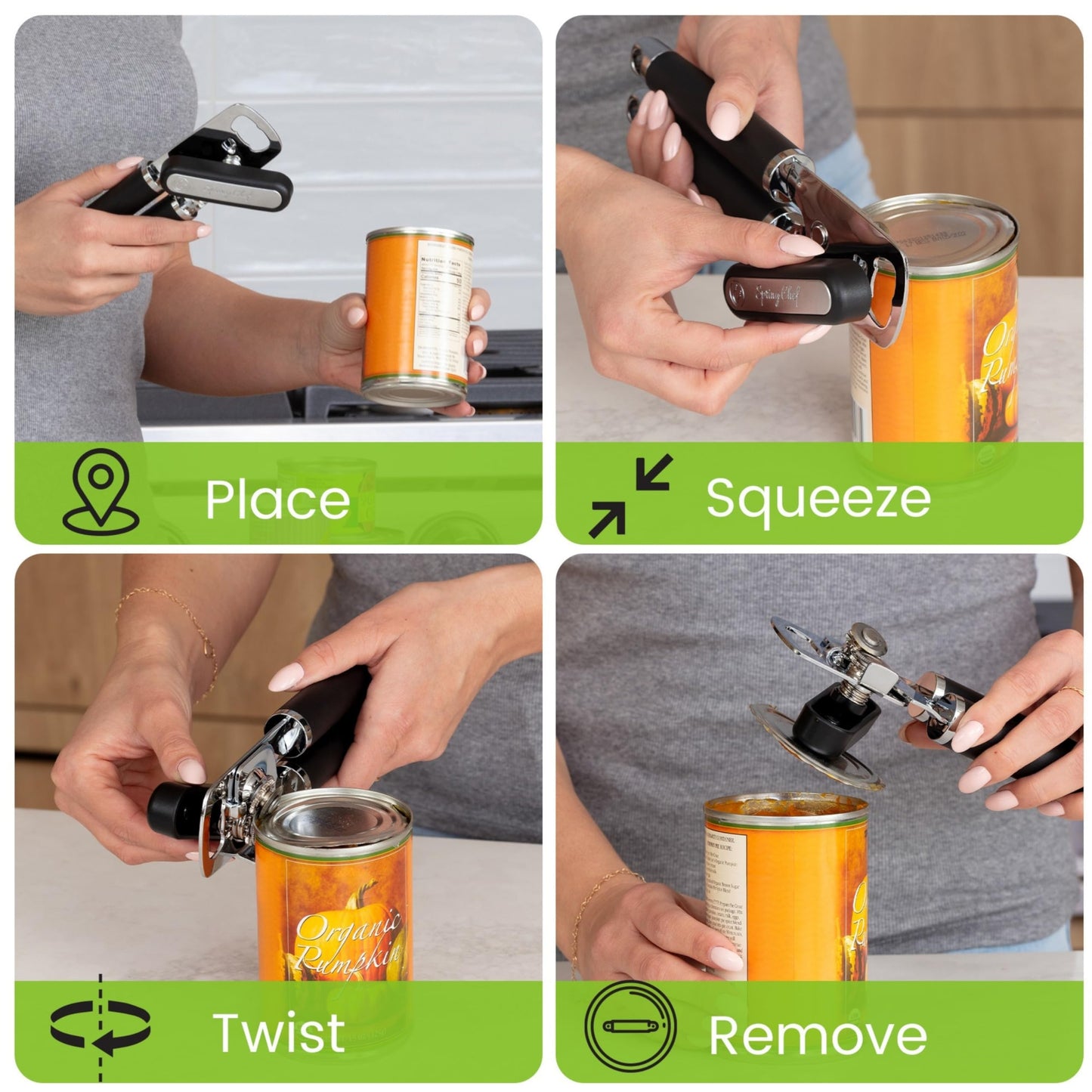 Spring Chef Stainless Steel Can Opener - Manual with Soft Grip Handles, Easy Turn, Heavy Duty Hand Can Openers for Seniors with Smooth Edge - Magnetic Lid Remover - Black