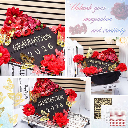 Hoteam DIY Graduation Cap Decorations Kit Included Faux Flowers 3D Butterfly Self Adhesive Rhinestones Glitter Alphabet Letter Stickers for 2026 Grad Cap Topper Party Gifts Decor(Red)