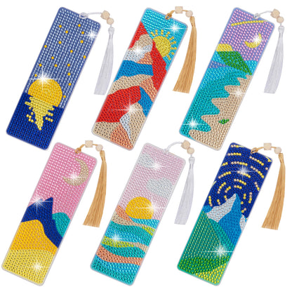 SWATOM 6 Pcs 5D Diamond Painting Bookmarks Sun & Moon Nature Acrylic Diamond Art Bookmark with DIY Painting Kits Tassels & Wood Beads Pendant Rhinestone Bookmarks