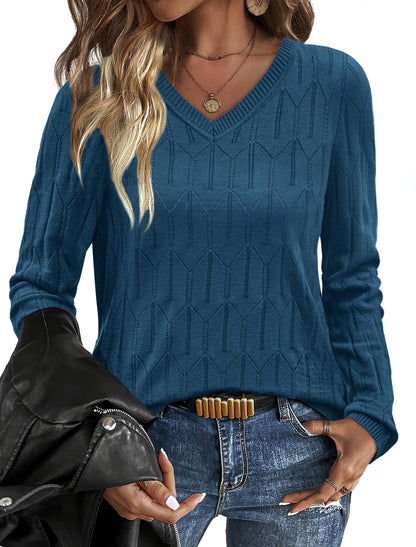 OFEEFAN Womens Sweaters Long Sleeve Shirts Fall Outfits 2025 V Neck Soft Knit Pullover Trendy Tops Dressy Casual Blouses