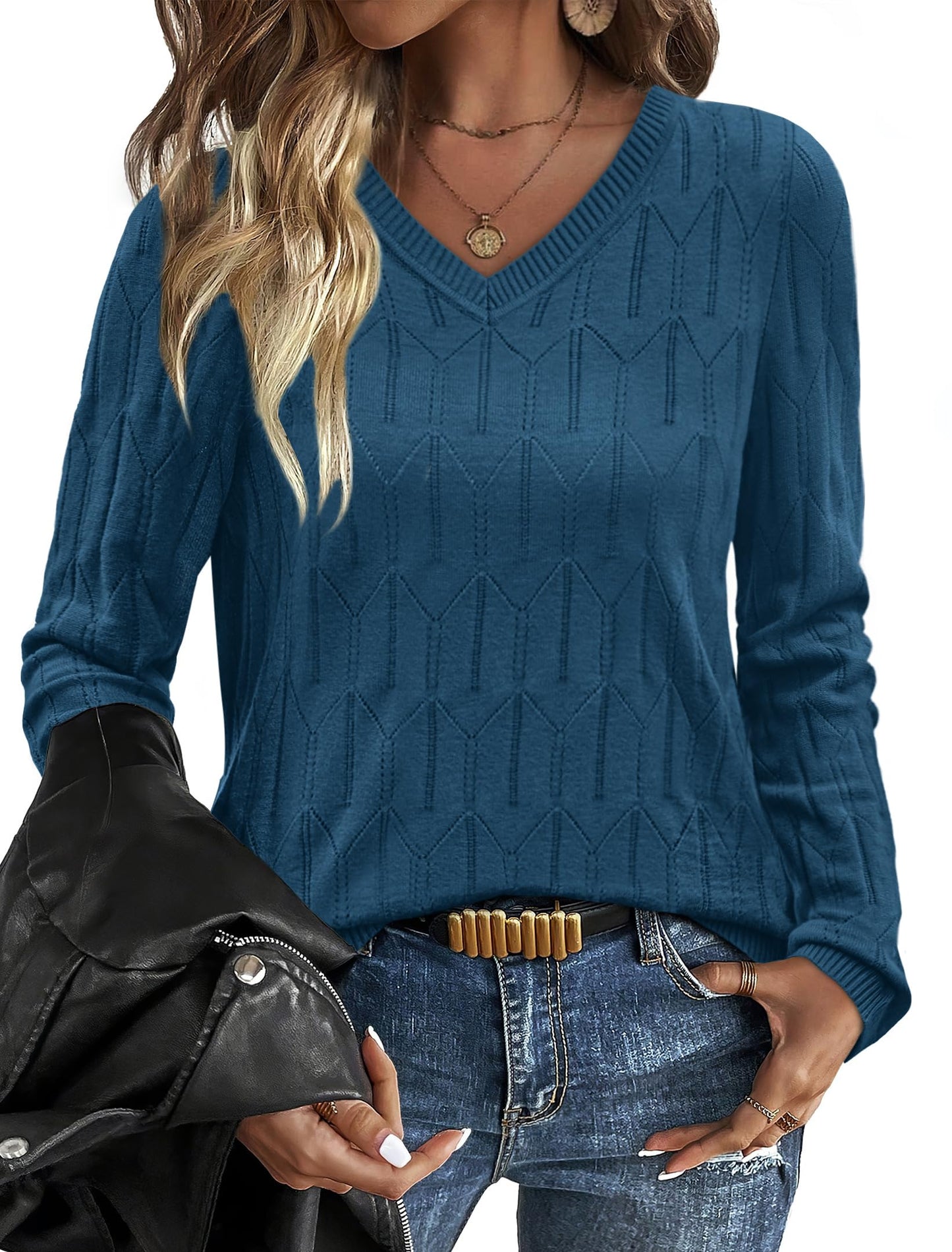 OFEEFAN Womens Sweaters Long Sleeve Shirts Fall Outfits 2025 V Neck Soft Knit Pullover Trendy Tops Dressy Casual Blouses