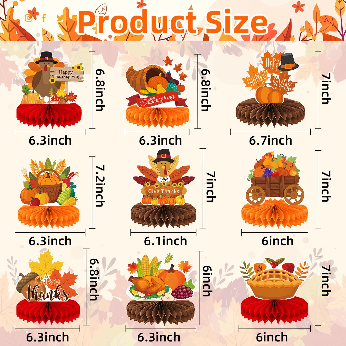 9 Pieces Thanksgiving Honeycomb Centerpieces Table Decor, Turkey Pumpkin Cornucopia Harvest Fall Party Table Topper Ornaments Signs, Fun Autumn Holiday Decorations