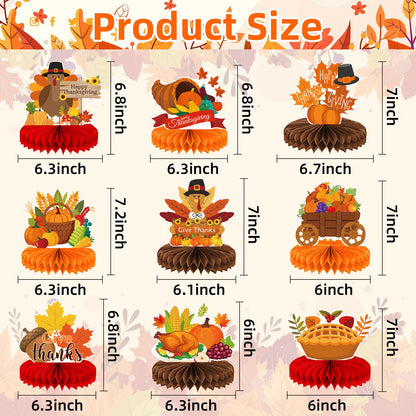 9 Pieces Thanksgiving Honeycomb Centerpieces Table Decor, Turkey Pumpkin Cornucopia Harvest Fall Party Table Topper Ornaments Signs, Fun Autumn Holiday Decorations