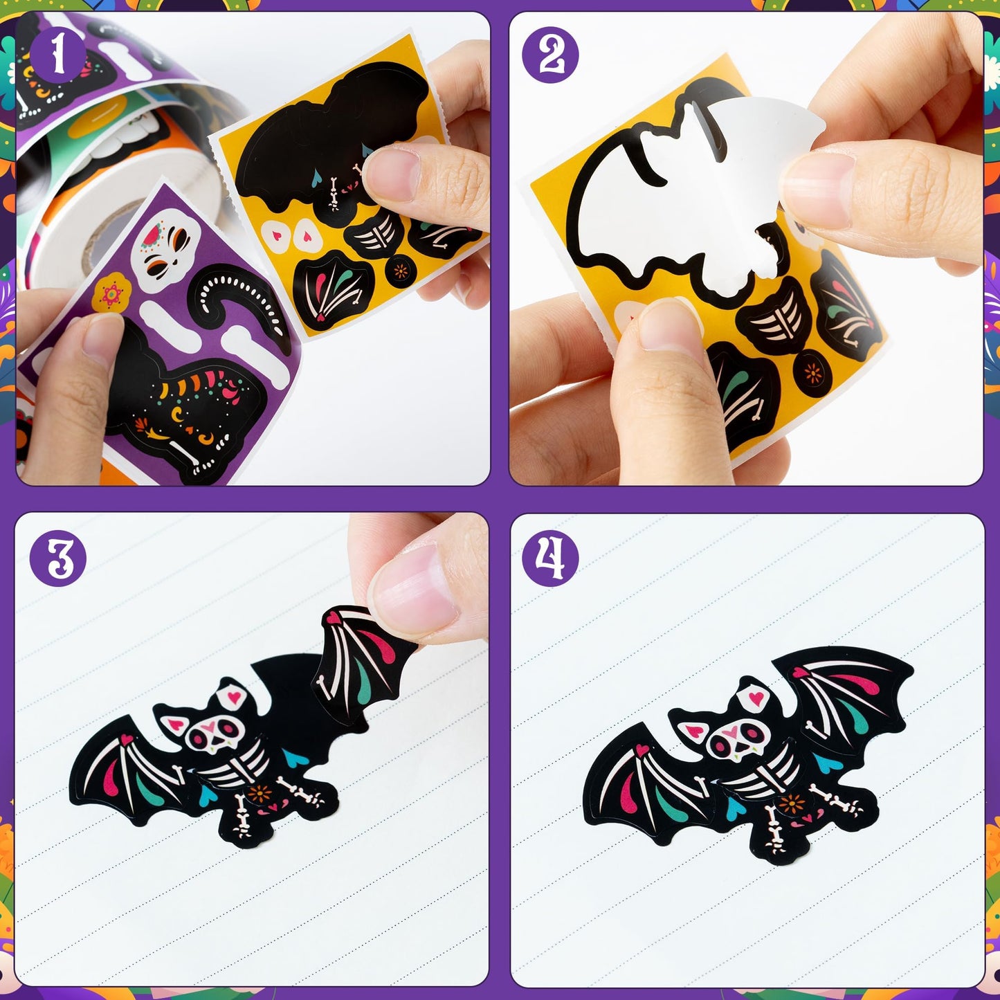 Haooryx Sugar Skull Sticker Rolls - 300Pcs Day of The Dead DIY Stickers
