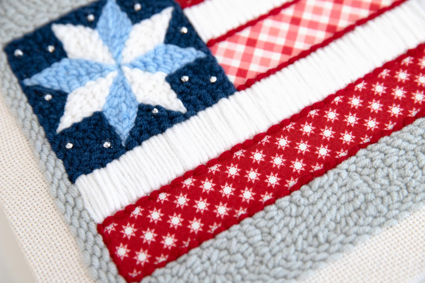 Kimberbell Stars & Stripes Forever Punch Needle Kit – Complete Patriotic Craft Set with Tool, Yarn, Hoop, Monks Cloth, Appliqués & Rhinestones – DIY Punch Needle Plus Kit with Video Tutorials