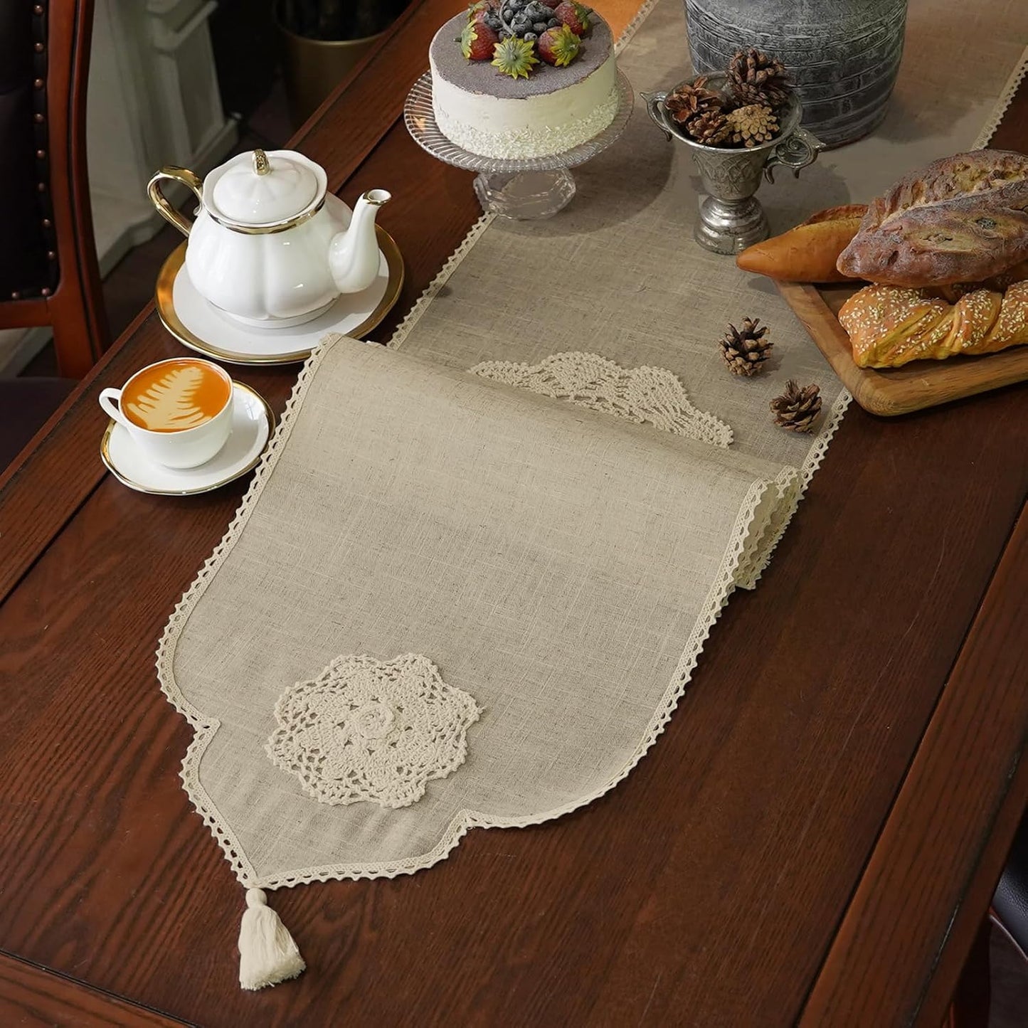 14 108 Inches) Macrame Table Runner Farmhouse Rustic Dresser Scarf Crochet Handmade Cotton Lace Doily with Tassel