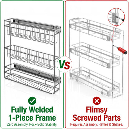 JOWBOOW Narrow Pull Out Cabinet Organizer, 4" Skinny Side Mount Spice Rack for Frameless Cabinets, Heavy Duty 3-Tier Zero Wobble Slide Out Shelf