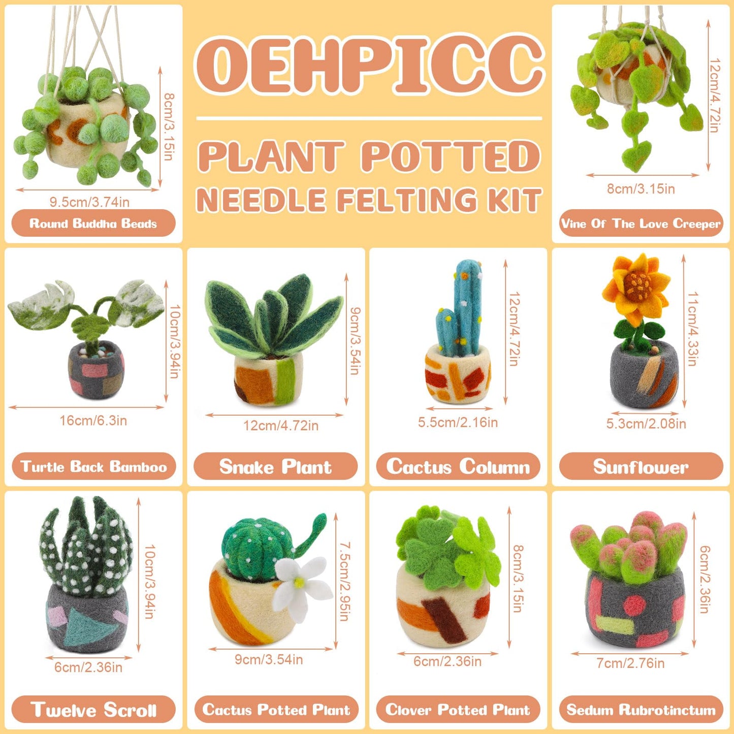 OEHPICC Needle Felting Kit - 10 Pack Plant Pot Needle Felting Starter Kit, Felting Kits with Basic Felt Tools, Clear Instructions for Beginner Adult Craft Kit, DIY Craft Plant Decor Present