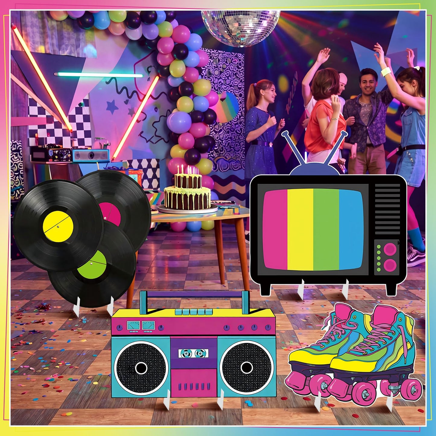 BrightRow 4 Pcs Large 80s Birthday Party Decoration, 23.62 Inch 90s Photo Props, Retro Cardboard Cutout, TV Roller Skates Radio Records Yard Sign for Birthday Supplies Hip Hop Music Theme Accessories