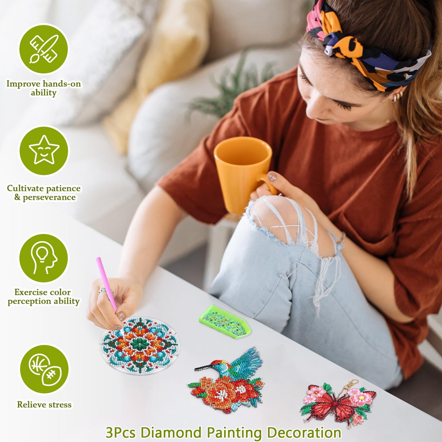 Lesaonsy 3 Pcs Diamond Art Kits, Arts & Crafts, Double-Sided Gem Art Set Diamond Painting Suncatcher Craft Kit Crystal Window Garden Decor Set (Orange-red Hummingbird Butterfly Mandala)