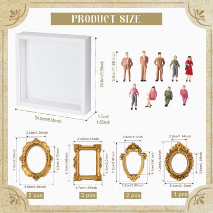 Lineshading DIY Mini Silhouette Shadow Box Museum Frame Kit with 8 Gold Mini Frames and 9 Figurines, Personalized Memory Collage for Anniversary Wedding Birthday Home Decor(White)