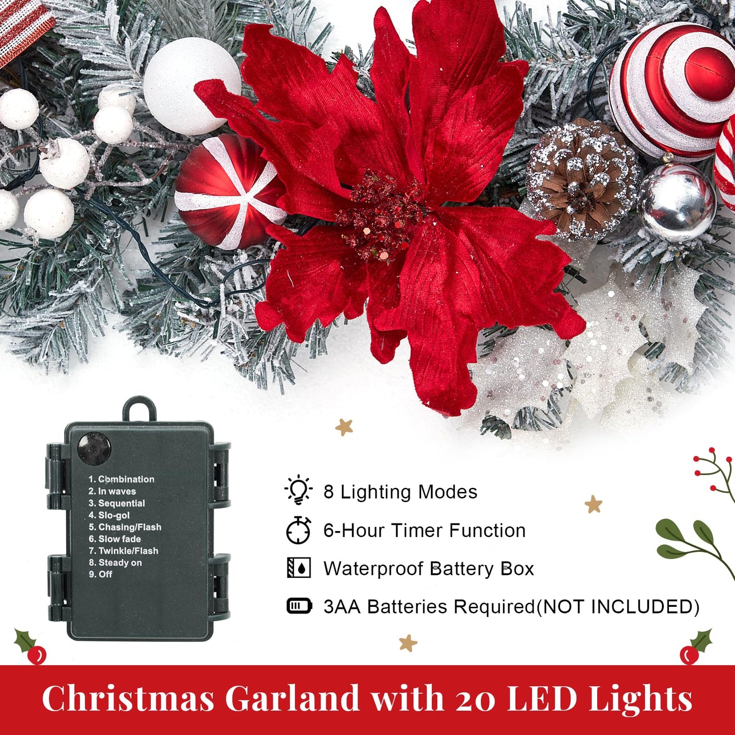 FairyLee 6ft Battery Operated Christmas Garland with 20 LED Lights & Timer, Pre-Lit Artificial Garland for Mantle, Staircase, Table, Indoor Outdoor Xmas Holiday Decor,Red Flower
