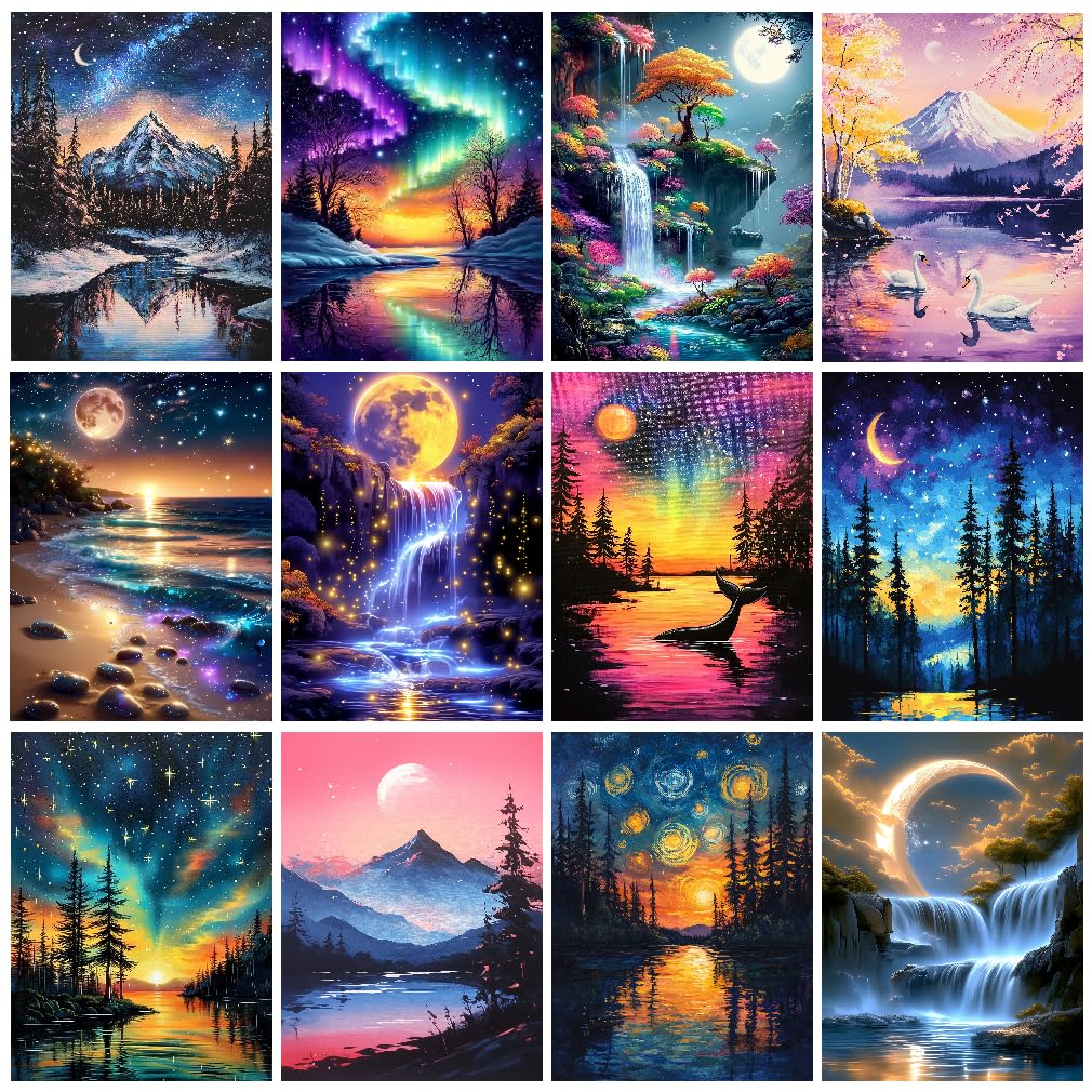 CreateJoy 12 Pack Moonlight Diamond Painting Kits for Adults, 5D Moon Diamond Art Kits for Beginners, DIY Full Drill Paint with Diamond, Home Wall Decor 12 x 16 Inch