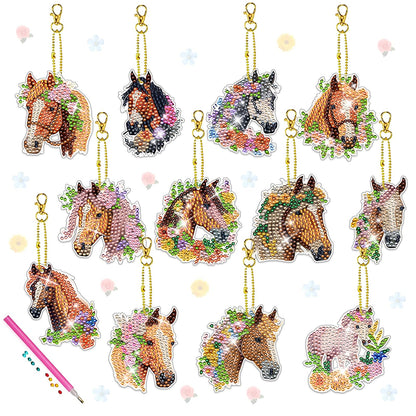 KAPOAOAO 12 Pcs Horse Diamond Art Painting Keychains, DIY 5D Double Sided Drill Diamond Art Painting Kits for Horse Western Cowboy Theme Party Home Arts Crafts Decoration Supplies