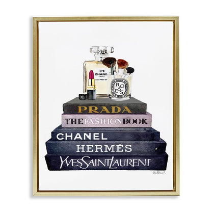 Stupell Industries Glam Fashion Book Set With Makeup, Design by Amanda Greenwood, 24 x 30, Gold Floater Framed