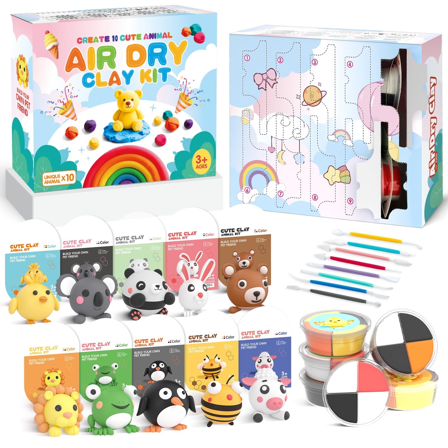 Air Dry Clay for Kids: Modeling Clay Animals DIY 10 PCS Blind Box Craft, Non-Stick Safe Air Dry Clay Kit with Sculpting Tools Mystery Box Gift for Girls Boys 3 4 5 6 7 8 9 Years Old