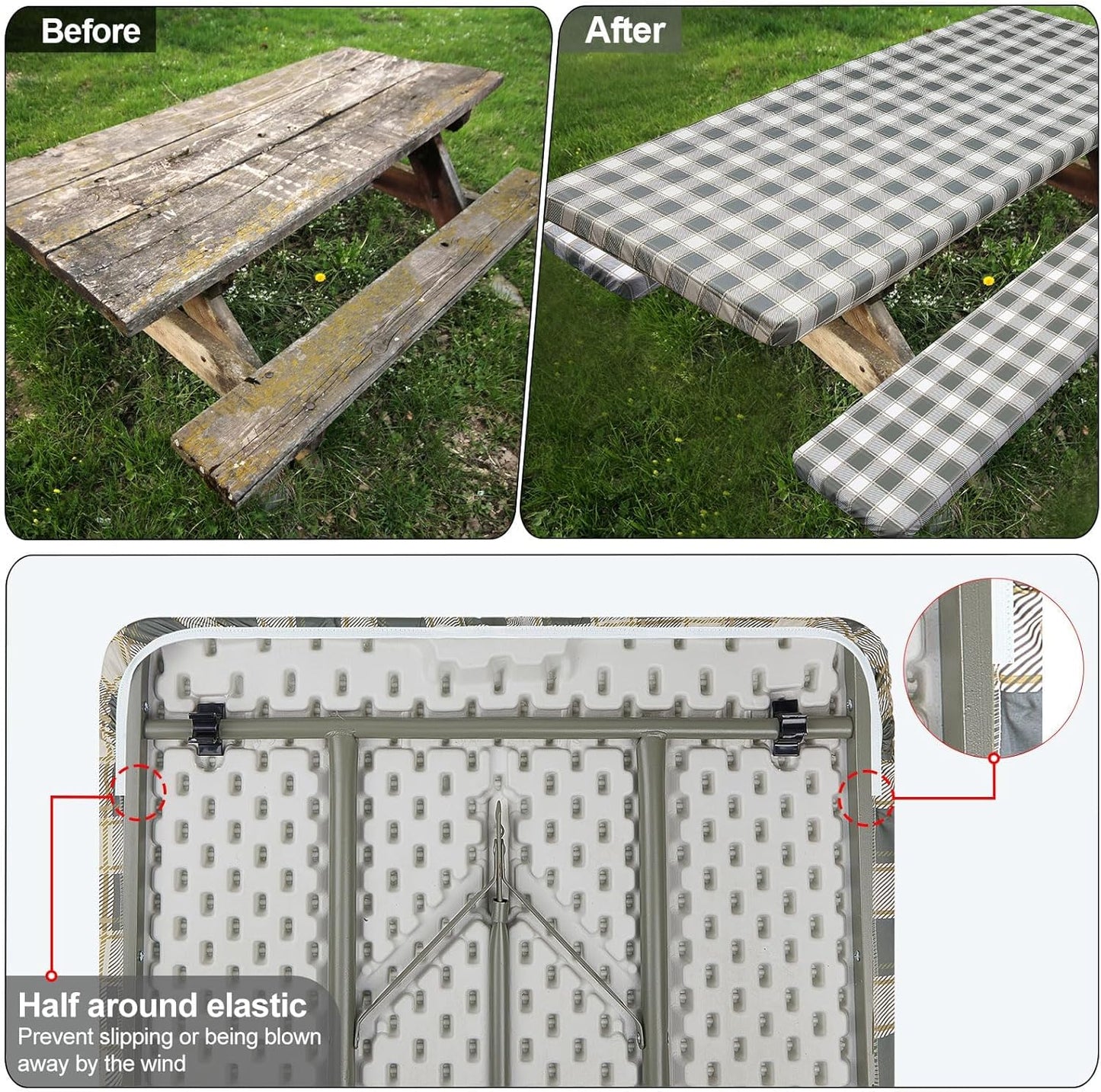 Picnic Table Cover - Waterproof & Windproof with Bench Covers | Fitted Rectangle 72in, Gray White