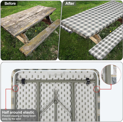 Picnic Table Cover - Waterproof & Windproof with Bench Covers | Fitted Rectangle 72in, Gray White