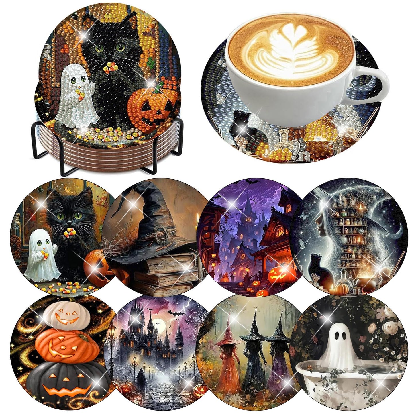 ijbnhd 8 Pack Halloween Diamond Art Coasters Kits, Halloween Diamond Painting Coasters Kit with Holder, DIY Diamonds Art Non Slip Coaster Crafts Kits for Adults Gifts 4x4 inch (Cork Wooden Pad)