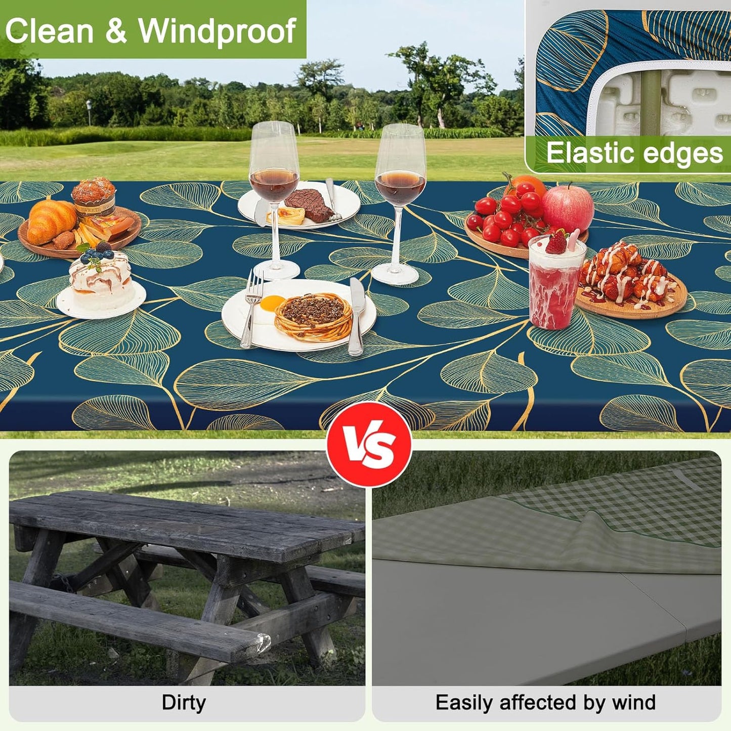 HobbLab Rv,72in,Blue-gray Picnic Table Cover with Bench Covers Portable Table Cloth Built-in Storage Pocket Fitted
