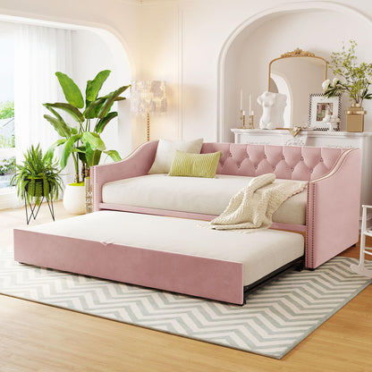 Merax Twin Size Upholstered Velvet Daybed with Pop Up Trundle, Multi-Functional Sofa Bed with Backrest and Two Armrest for Kids Room, Guest Room, Living Room,Pink