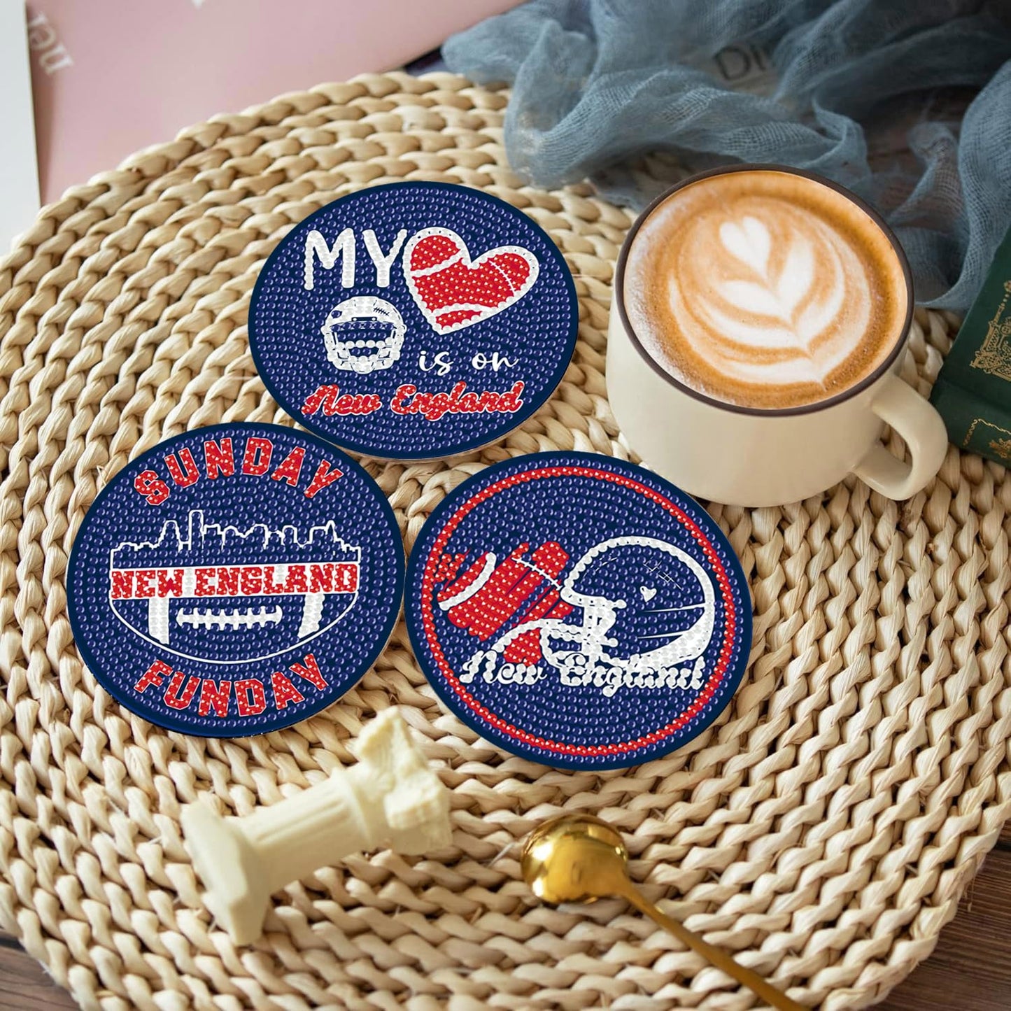 Bartogro 8 Pcs Diamond Painting Coaster Kits, DIY Football Diamond Art Coasters with Holder Sports Diamond Art Crafts Supplies for New England Design