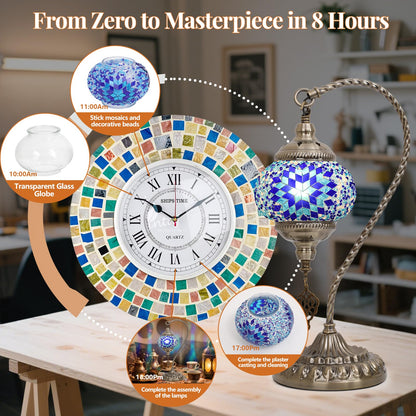 BOHMR DIY Turkish Mosaic Lamp Kit for Adults,Swan-Neck Stained Glass Lamp Making Kit- Easy,Fun,No Experience Needed, Mosaic Art & Craft Project Kits for Adults & Teens,Make Your Own Table Lamp,Blue