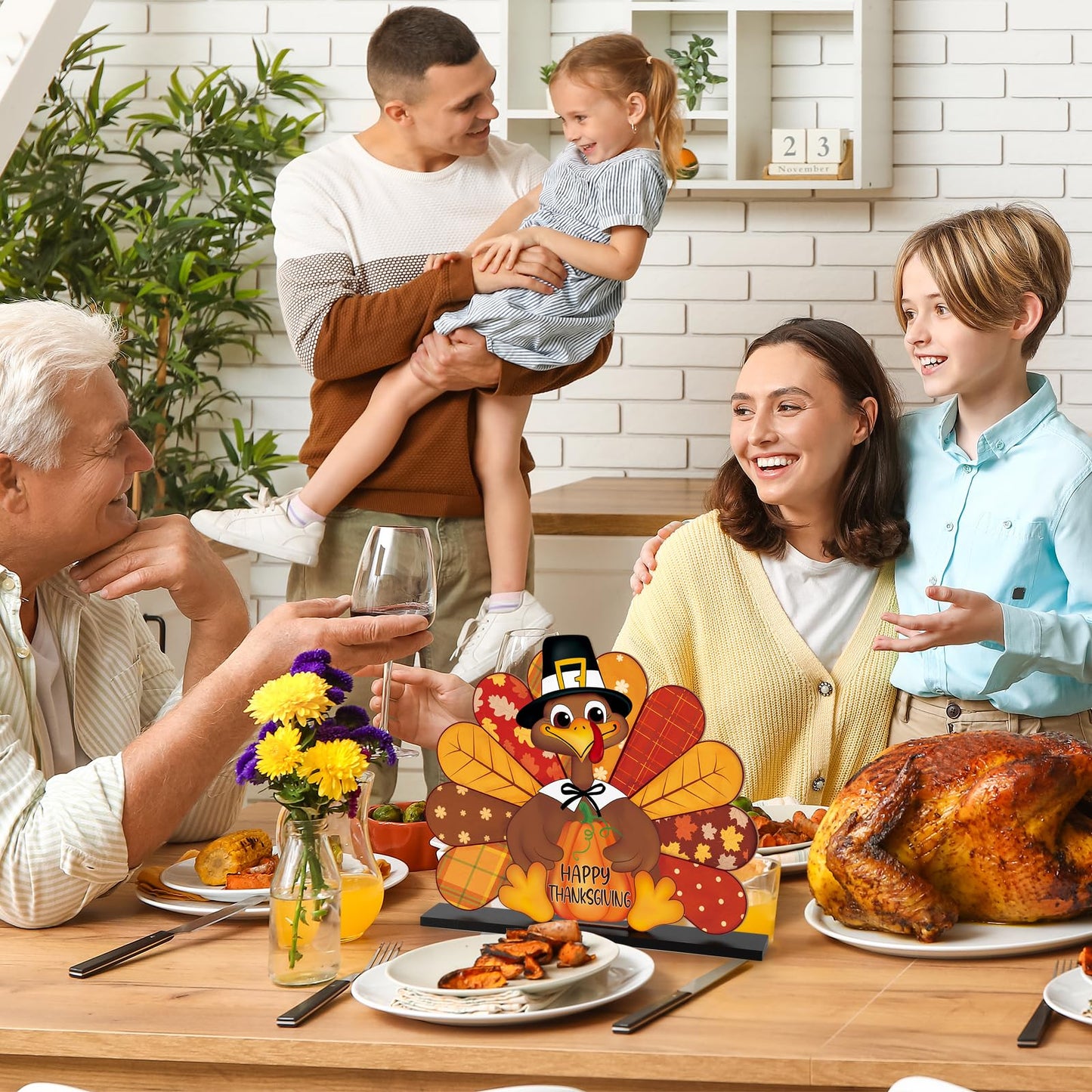 Thanksgiving Decorations Wooden Turkey Table Sign Fall Pumpkin Autumn Table Centerpieces Standing Tabletop Happy Thanksgiving for Holiday Harvest Home Room shelf Farmhouse Decorations Thanks Gives