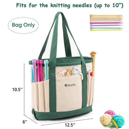 MYBAGZING Canvas Yarn Storage Organizer Bag Washable Crochet Bag with Pockets for Yarn, Hooks, Needles – Travel Knitting Tote for Crafters – Gift for Crocheters & Knitters (Medium/Large)