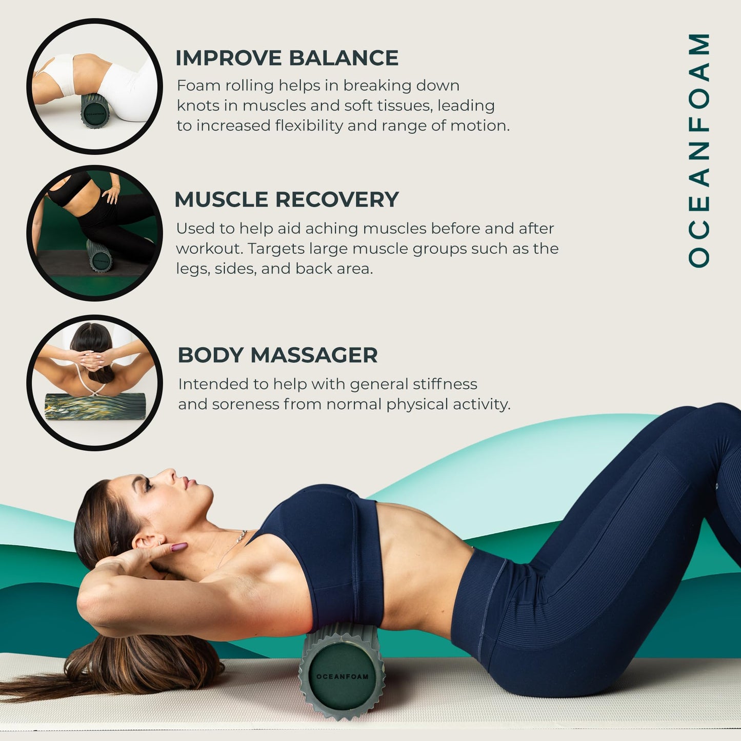 Oceanfoam Tidal Roller - Black Marbled - Muscle Massage Foam Roller for Back Pain & Stretching - Firm and Ergonomic Wide Wave Textured - Yoga, Athletics, & Wellness - Full Size, 20" x 5"