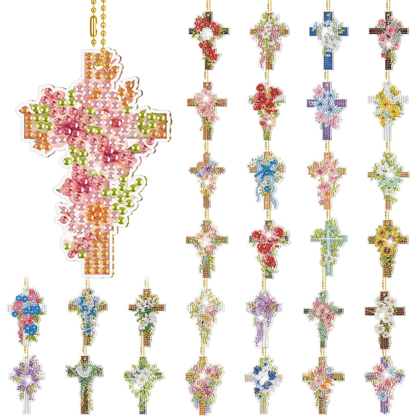 Huquary 30 Pcs Easter Diamond Art Keychains Cross Flower Diamond Painting Keychain Kits for Aldults Double Sided 5d Rhinestones Christian Hanging Key Chains for Beginners DIY Crafts Spring Party Gift