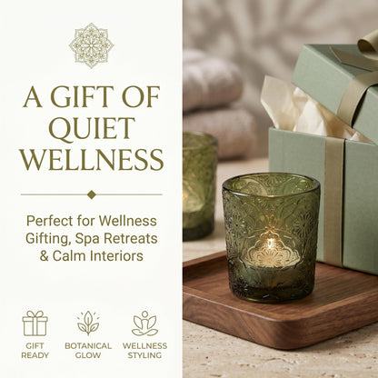 6 Pack Mandala Embossed Glass Candle Holders – Votive Tealight Holders with Patent Design, Decorative Embossed Glass Cups for Wedding Centerpieces, Parties, and Home Décor (Moss Green)