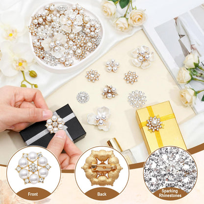 Sureio 45 Pcs White Pearl Rhinestone Brooch Pin Set Crystal Flower Brooches Faux Pearl Embellishments Women Jewelry Wedding Jewelry Making Crafts Bags Shoes Accessory Gift